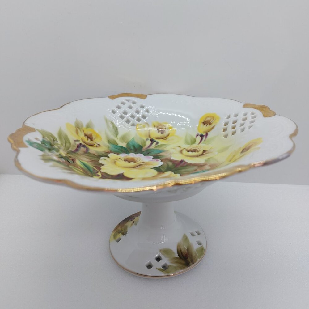 Shabby Chic Yellow Rose Footed Pedestal Dish ESD Japan